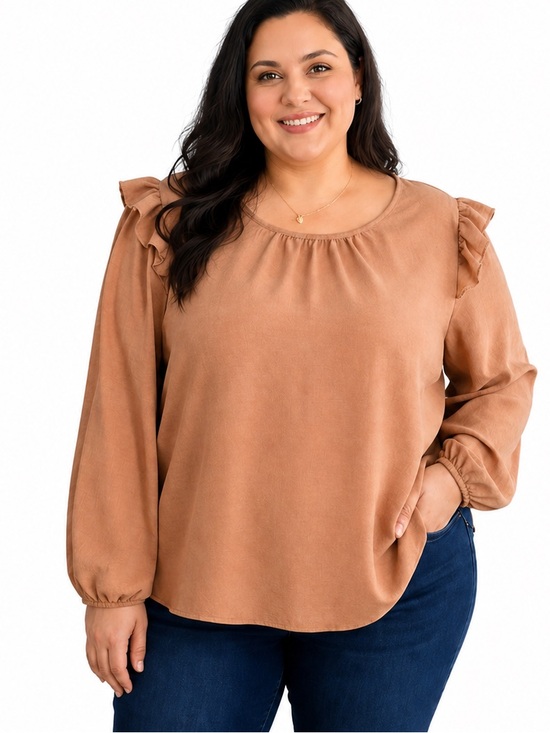 Tops - Woven Ruffle Shoulder Blouse - Tan / Brown 4XL